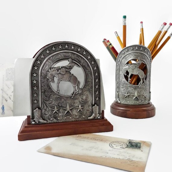 Cowboy Western Office Desk Letter Envelope Pencil Holder Set Cowboy Western Office Desk Letter