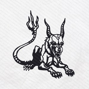 May include: Black and white illustration of a demonic creature with horns, a tail ending in a trident, and sharp claws. The creature is lying down with its mouth open, revealing teeth.