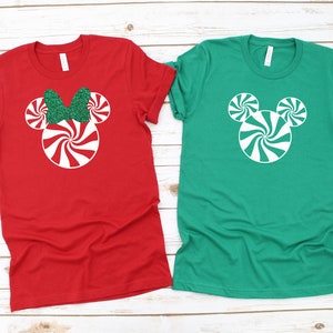 Fun Matching Disney Christmas Tees, Mickey Peppermint Swirl Tee, Minnie Swirl Matching Tee, Soft comfy disney tee