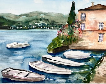 WATERCOLOUR ORIGINAL painting , Lake Como scene