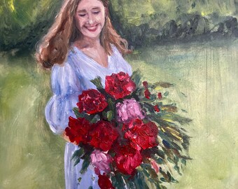 Classical oil portrait , lady with flowers , figure painting, hand painted 40x30cm