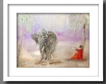 PEINTURE ORIGINALE planche de toile, art éléphant, peinture d’éléphant originale 9.5x7 « éléphant et fille