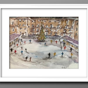 WATERCOLOUR painting , NEW YORK , ice skaters