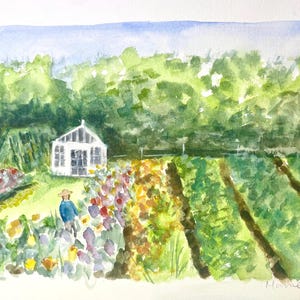 A4 original watercolour painting, watercolour art, naive art, figure in garden