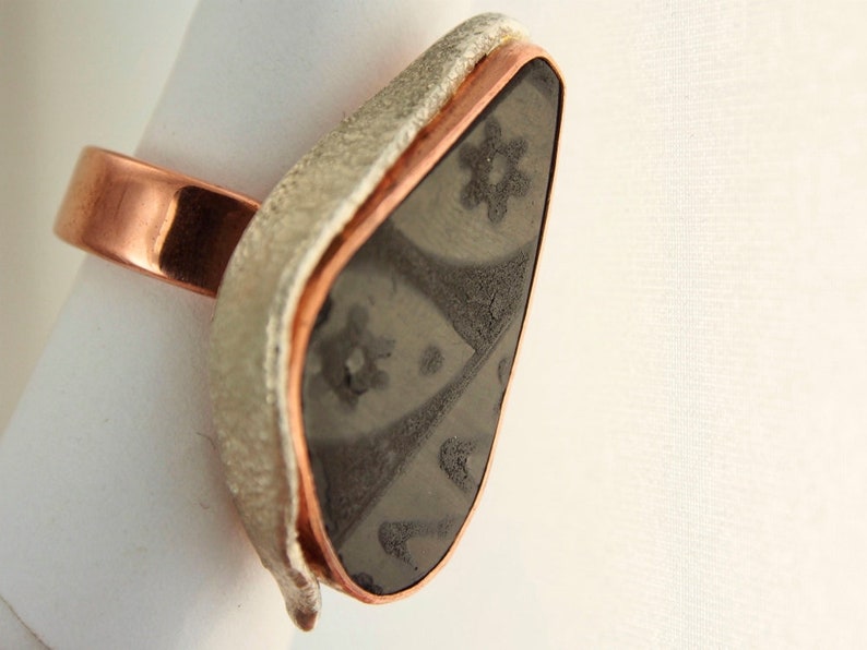 Rustic Ring Handmade with Hand Painted Black Pottery Shards Ceramic with Copper and Silver Mata Ortiz Jewelry Reticulated Silver