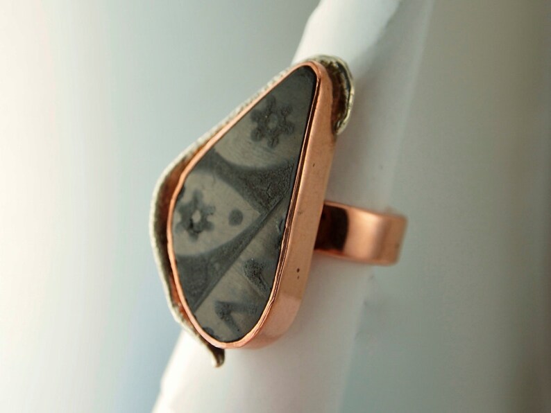 Rustic Ring Handmade with Hand Painted Black Pottery Shards Ceramic with Copper and Silver Mata Ortiz Jewelry Reticulated Silver