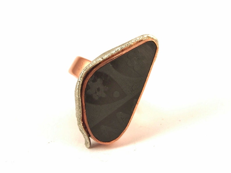 Rustic Ring Handmade with Hand Painted Black Pottery Shards Ceramic with Copper and Silver Mata Ortiz Jewelry Reticulated Silver
