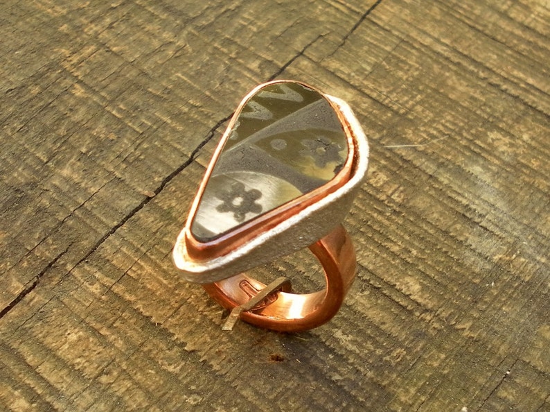 Rustic Ring Handmade with Hand Painted Black Pottery Shards Ceramic with Copper and Silver Mata Ortiz Jewelry Reticulated Silver