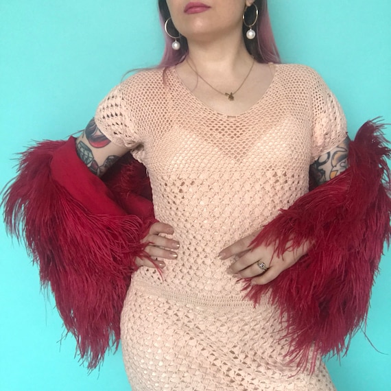 1930s Dress / 30s Knit Dress / Pink Crochet Day Dr