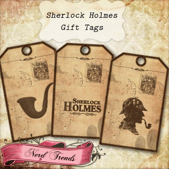 Sherlock Holmes Gift Tags, Printable Birthday Party Tags, 8 Digital Tags, Vintage Detective Tags, INSTANT DOWNLOAD Il_570xn