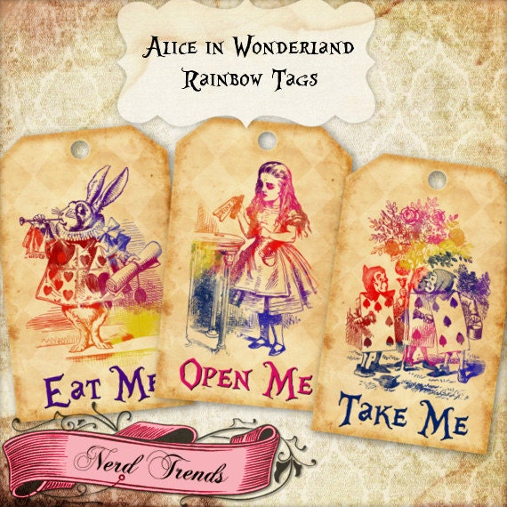 Alice in Wonderland Gift Tags, Printable Party Tags, Digital Rainbow Tags, Vintage Wonderland INSTANT DOWNLOAD Il_570xn