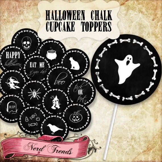 Halloween Chalk Cupcake Toppers, Halloween Printable Party Decorations, Spooky Digital Labels, INSTANT DOWNLOAD! Il_570xn