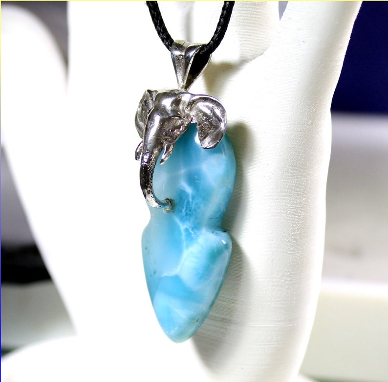 Hugh Natural Sky Blue AAA+ Larimar .925 Sterling Silver Elephant Pendant 2.4inch