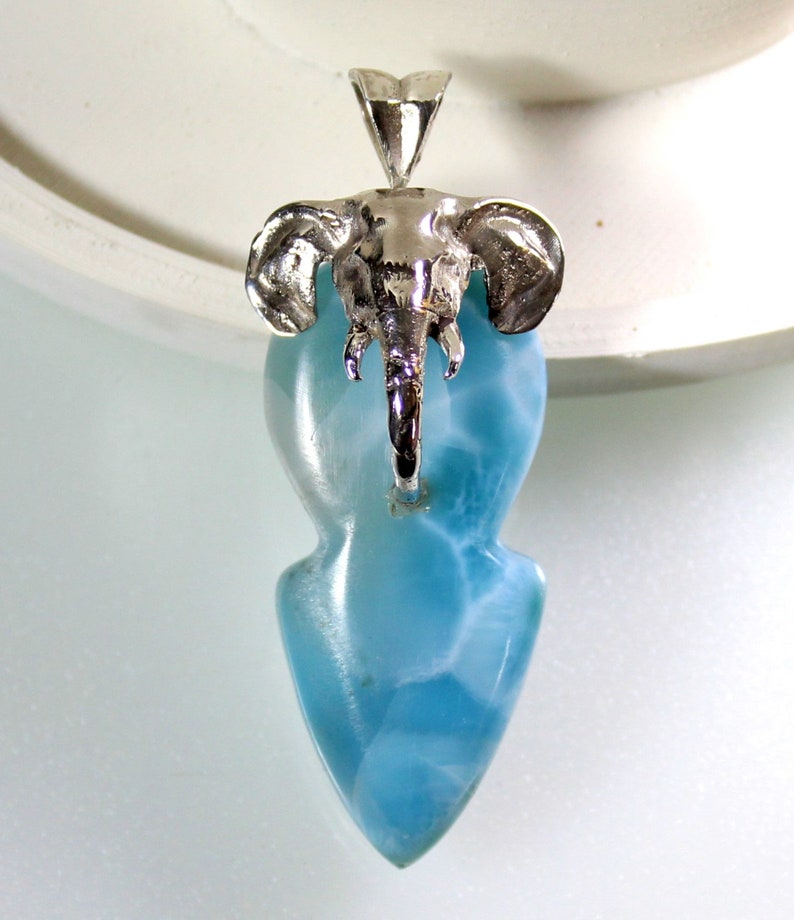 Hugh Natural Sky Blue AAA+ Larimar .925 Sterling Silver Elephant Pendant 2.4inch