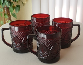 Beautiful Set of 4 Vintage Cristal D’Arques-Durand Deep Ruby Red Coffee Mugs
