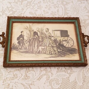 Vintage 1930&#39;s Ornate Metal Handled Edwardian Print in a Ornate Wood Frame Under Glass