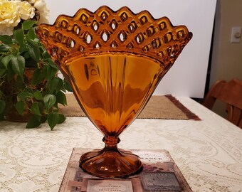 Giftable for that Collector Fan-Shaped Flower Vases Two Vintage AmberBrown Hand Blown Handblown