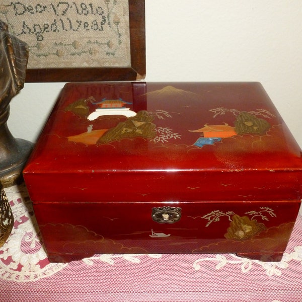 A Vintage Red Lacquer Japanese Jewelry Box / Mid Century / Traditional Images / 1960's-1970's / Clean And In Good Condition