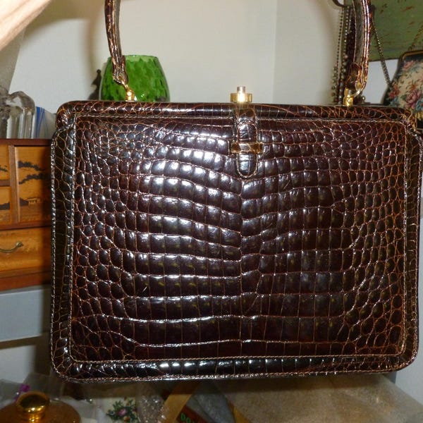 A Vintage Alligator Handbag from the 1950's / Classic Style / Dark Brown / Gold Tone Hardware / Clean and in good Condition