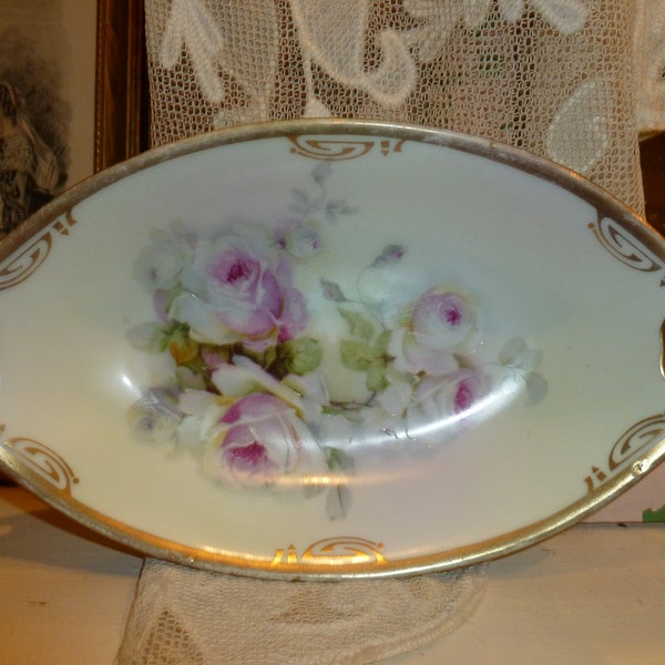 Lovely Vintage Bavarian Dish / Bowl With Beautiful Pink Rose Pattern 1930's-1940's