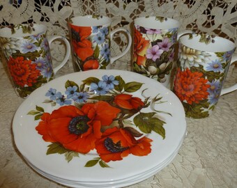 A Vintage St. George Coffee Mug and Dessert Plate Set/ England / 1980's / Vibrant Floral Motif / In very good condition