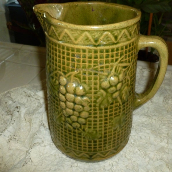 A Large Time Worn Mossy Green Stoneware / Pottery Pitcher From The 1920's-1930's / Possibly McCoy / Farmhouse Decor / 9 Inches Tall