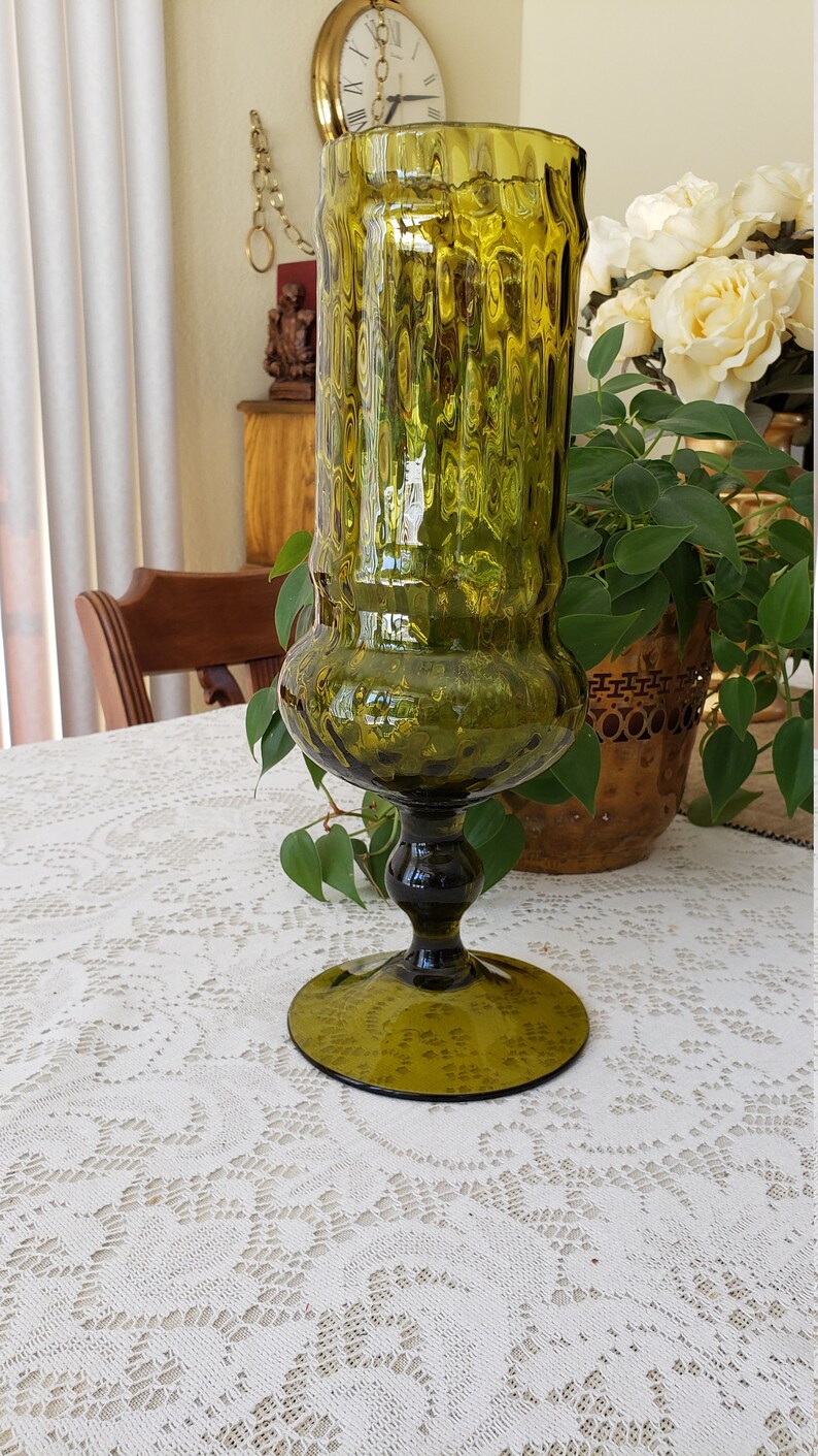 Vintage 1970's Avocado Green Glass Vase Etsy