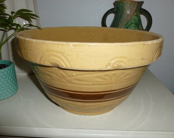 A Wonderful Old R.R.P. Striped Yellow Ware Mixing Bowl From The 1930's-1940's