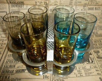 A Vintage Set of Shot Glasses with Caddy from the 1960's / Mid Century Bar Decor / Set of 6