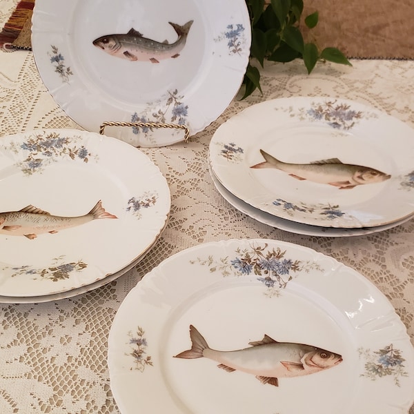 Vintage Lot of 6 Porcelain Fish Decor Transferware Plates