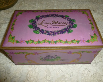 A Beautiful Purple "Louis Sherry" New York 2 Pound Candy Tin From The 1940's - 1950's / Canco / Features African Violets / In Good Condition