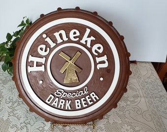 Vintage Heineken Beer Molded Plastic Bottlecap Advertising Wall Sign - Brown
