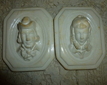 A Charming Vintage Pair Of Chalkware Wall Hangings / A Lady And A Gent / Mid Century / Time Worn Vintage Chalkware