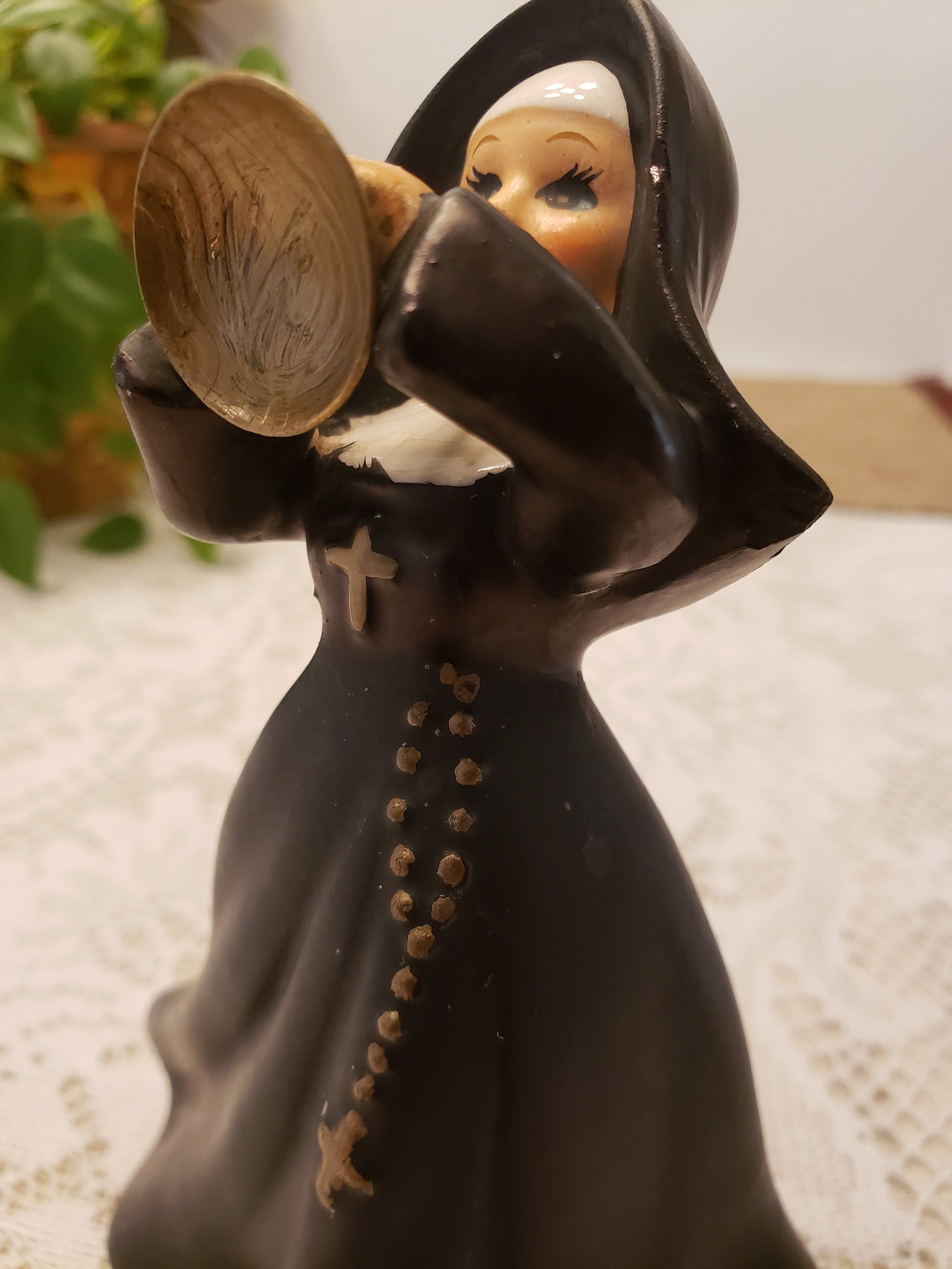 Vintage Molded Ceramic Nun Figurine Playing a Horn Etsy