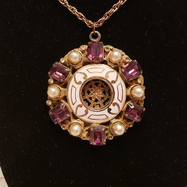 Lovely 1980's Pendant Necklace - Faux Amethyst Glass Rhinestones & Pearls