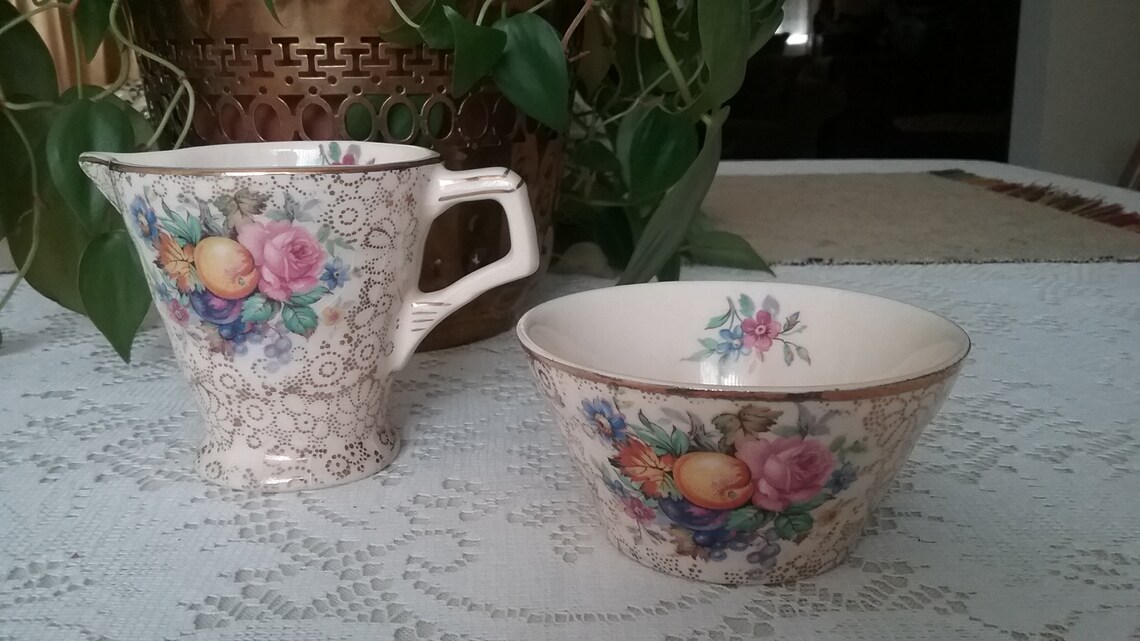 Vintage English H & K Tunstall China Creamer Sugar Set Gold Etsy