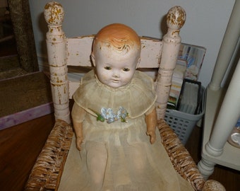 A Seriously Time Worn Little Bald Headed Baby Doll From the 1930's / Possibly An Early Ideal Doll / Original Dress