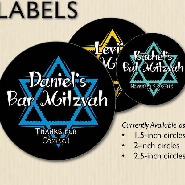 Personalized Bar Mitzvah Favor Labels, Bat Mitzvah, Star of David, Chalkboard, Jewish Celebration, Candy Buffet, Treat Bag, Lollipop Sticker