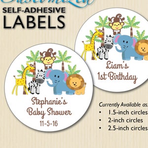 Babyparty Aufkleber, 1. Geburtstag Geschenkaufkleber, Dschungel Geburtstag, Safari Party, Süßigkeiten Buffet, Einmachglas, Umschlag Aufkleber, Personalisiert
