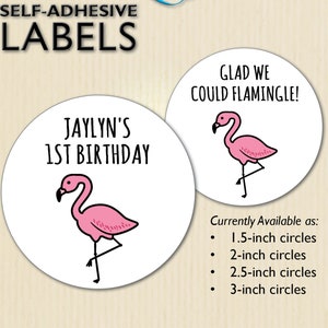 Flamingo pegatinas, Luau cumpleaños favor etiqueta, decoración de fiesta tropical, bolsa de trato de la Florida, buffet de caramelos, tarros, tazas, personalizado, personalizado