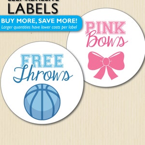 Pink Bows & Free Throws Blue Basketball Gender Reveal Party Stickers, Baby Shower Label, Team Boy or Girl, March Madness Team He or Team She