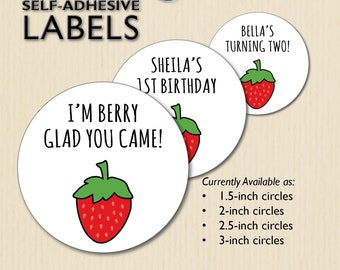 Strawberry Stickers, Birthday Favor Label, Party Decor, Treat Bag, Candy Buffet, Strawberry Shortcake Jars, Cups, Customized, Personalized