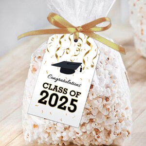 Klasse van 2025-bedankkaartjes + opt. Doorzichtige popcorntassen, HS Graduate Gifts, High School, College Graduation DIY Favor Kits, Gold Confetti