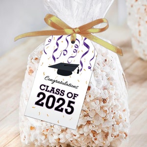 Klasse van 2025-bedankkaartjes + opt. Doorzichtige popcorntassen, HS Graduate Gifts, High School, College Graduation DIY Favor Kits, paarse confetti