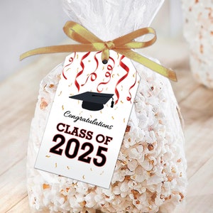 Klasse van 2025-bedankkaartjes + opt. Doorzichtige popcorntassen, HS Graduate Gifts, High School, College Graduation DIY Favor Kits, rode confetti