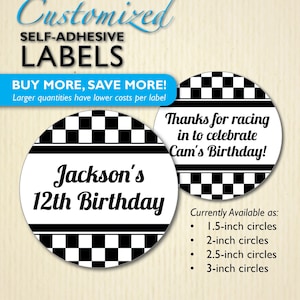 Etiquetas a cuadros, fiesta de cumpleaños de carreras, pegatinas de autos de carreras, patrón de tablero de ajedrez para obsequios de fiesta, piruletas, bolsas de palomitas de maíz, texto personalizado