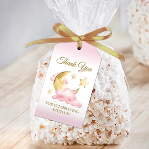 Etiquetas de recuerdo de cumpleaños o baby shower Luna rosa y estrellas + Opc. Bolsas transparentes para bolsas de palomitas de maíz y obsequios para invitados, Over the Moon, Twinkle Little Star
