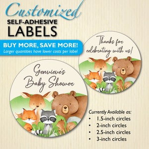 Stickers bosdieren, babyshower betoverd bos, verjaardagslabels camping, goodybag hert, vossnoepbuffet, traktatiedoos, aangepaste tekst