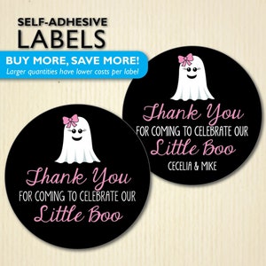 Little Boo Stickers, Ghost Favor Labels for Treat Bags, Boxes, Cups, Popcorn, Halloween Baby Shower /Girl Birthday Party, Customizable, Pink