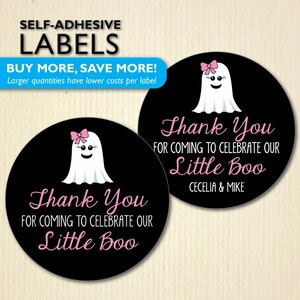 Little Boo Stickers, Ghost Favor Labels for Treat Bags, Boxes, Cups, Popcorn, Halloween Baby Shower /Girl Birthday Party, Customizable, Pink